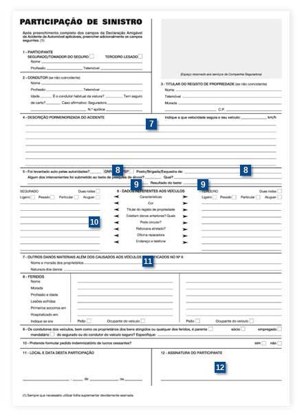 Verso da Declara&ccedil;&atilde;o Amig&aacute;vel (Participa&ccedil;&atilde;o de Sinistro) com os campos 7 a 12 assinalados